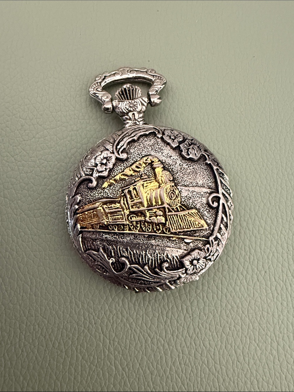Vintage-Style Silver and Gold Train Pocket Watch Accent